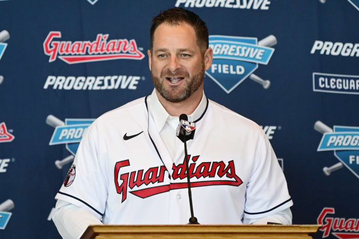 Nov 10, 2023; Cleveland, OH, USA; Cleveland Guardians manager Stephen Vogt talks to the media during an introductory press conference at Progressive Field.